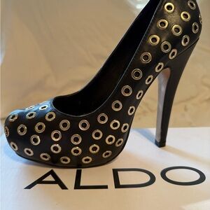 Aldo Kedma Black Heels with Gold Grommets - Size 39, Size 8